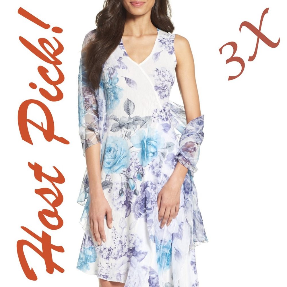 KOMAROV New Print Asymmetrical Hem Dress & Shawl SET Gown+Scarf  Petite XL 🎉HP - Picture 3 of 12